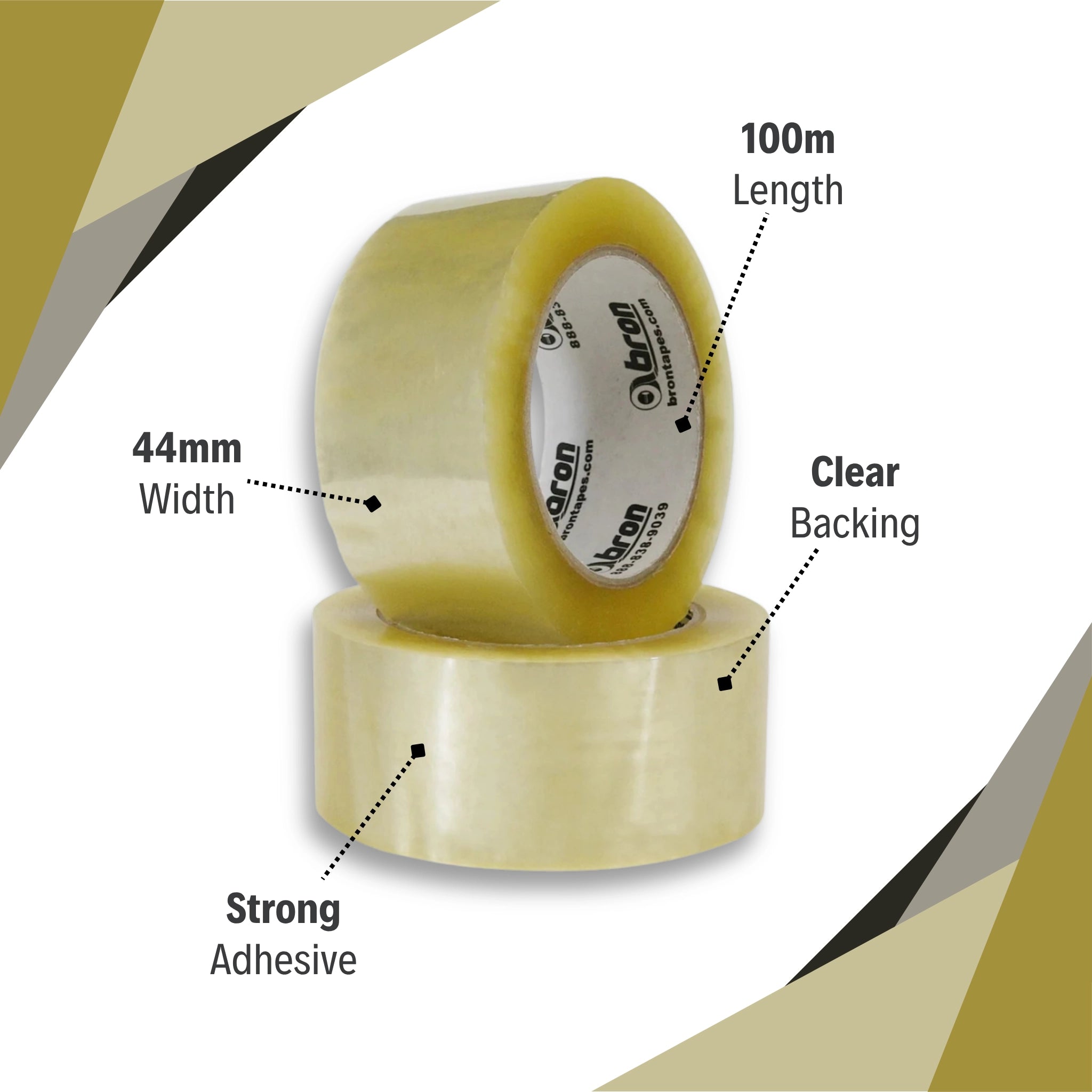 Close-up of Bron Clear Packing Tape highlighting 48MM width and strong adhesive

