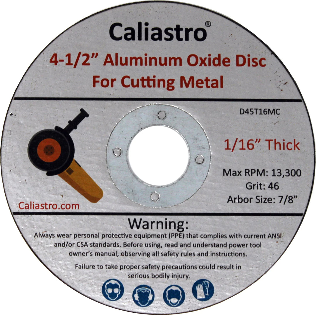 Front view of Caliastro 4.5-inch cut off wheel displaying printed specs and arbor hole
