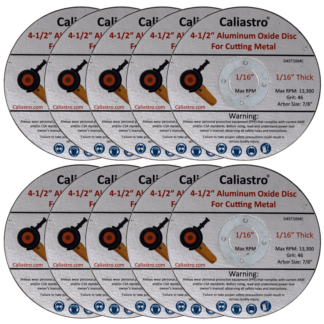 Stack of 10 Caliastro 4.5-inch cut off wheels showing quantity and slim profile
