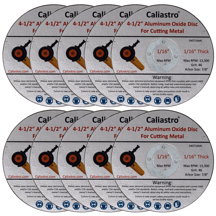 Stack of 10 Caliastro 4.5-inch cut off wheels showing quantity and slim profile
