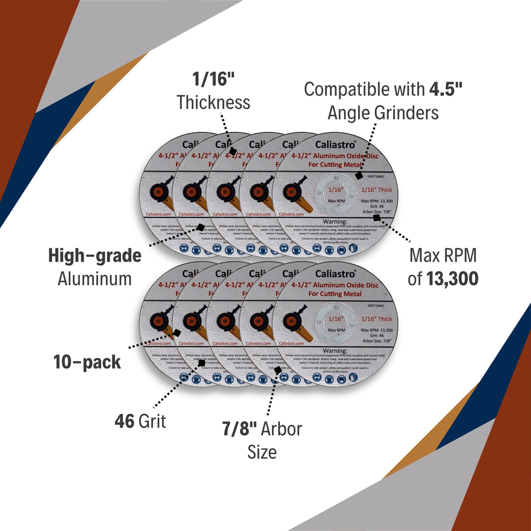 Caliastro 4.5-inch cut out wheels highlighting features like 1/16-inch thickness and 13,300 max RPM

