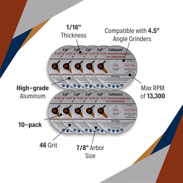 Caliastro 4.5-inch cut out wheels highlighting features like 1/16-inch thickness and 13,300 max RPM
