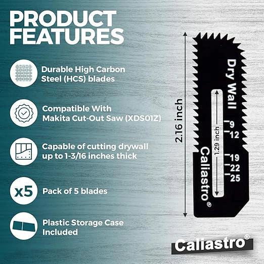 Close-up of Caliastro drywall blade features including depth markings and tooth design
