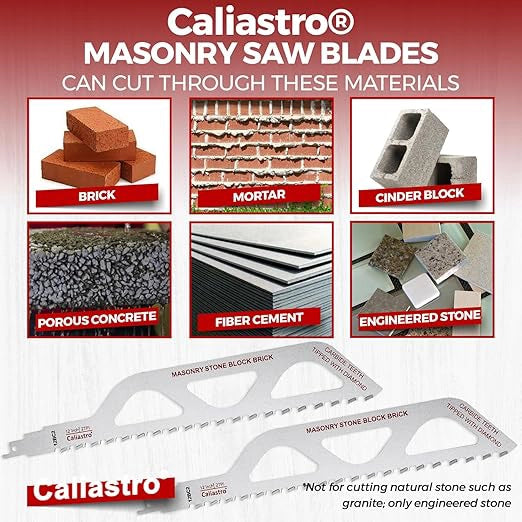Diagram showing Caliastro masonry blade cutting through brick, mortar, cinder block, concrete, fiber cement, and engineered stone
