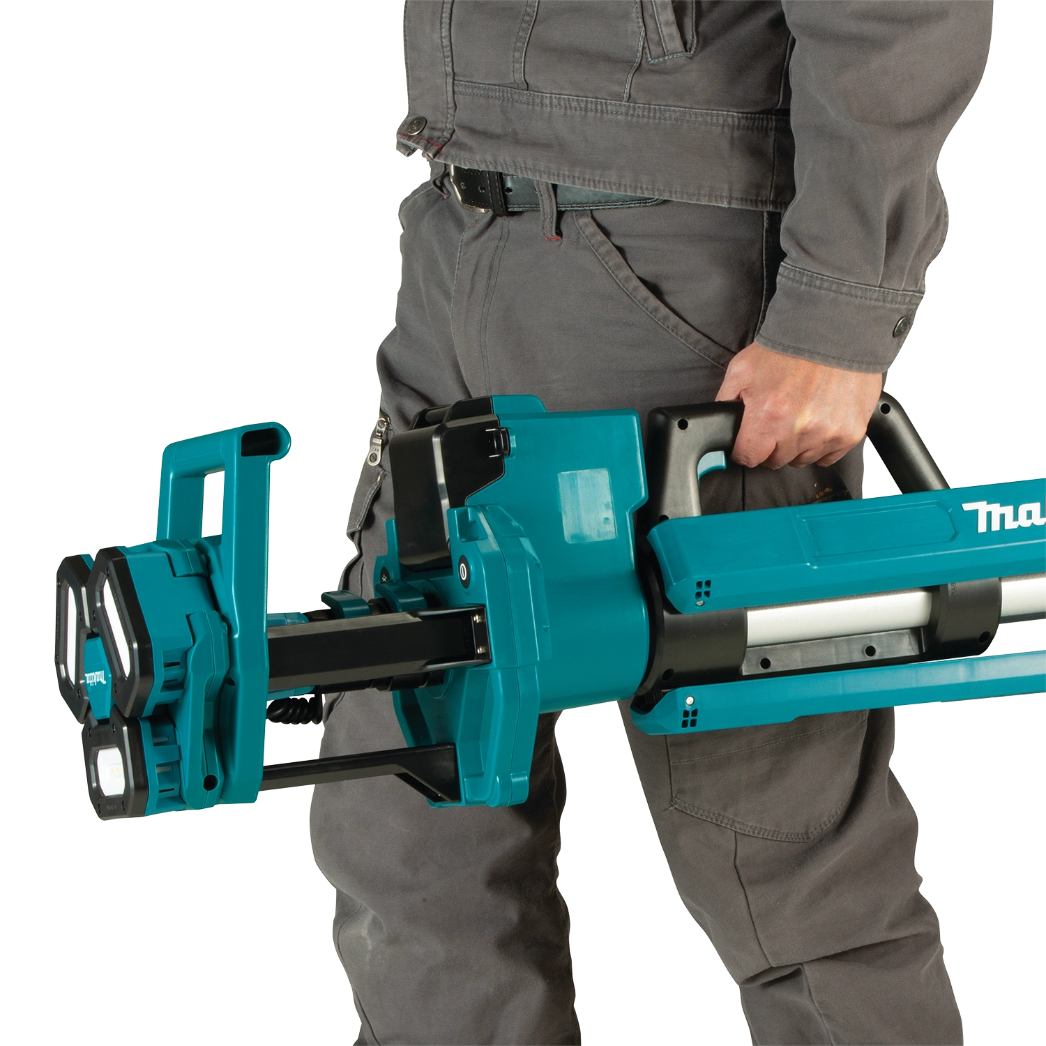 carrying makita 18v lxt tower work light with shoulder strap for easy transport
