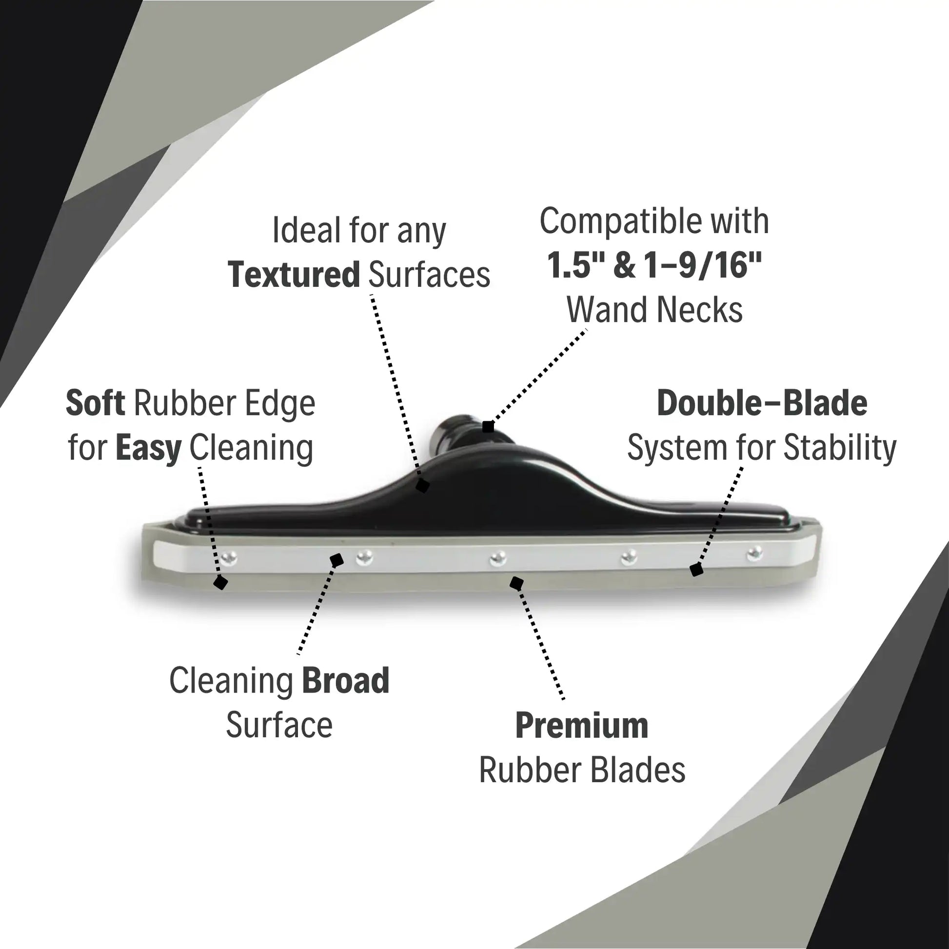 Labeled diagram of the CenTec 14" squeegee tool showing dual rubber blades, textured surface compatibility, and wand neck fitting.
