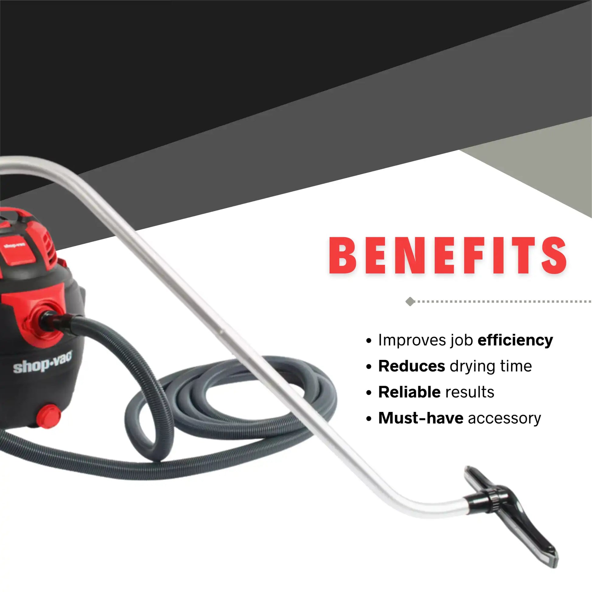 CenTec 14" squeegee tool attached to a Shop-Vac showing ergonomic s-wand and vacuum hose for efficient water recovery.
