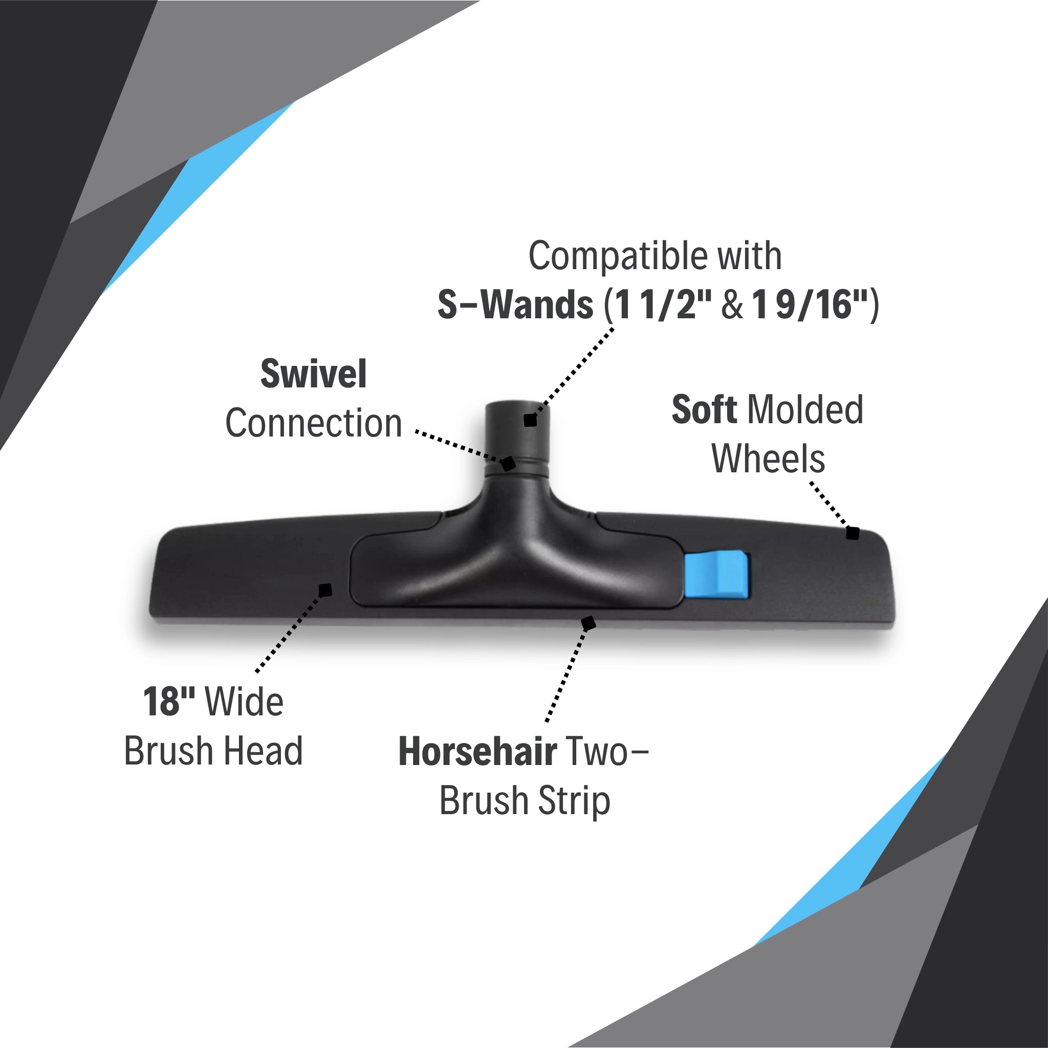 Features of CenTec 18" floor brush including natural fill bristles, swivel neck, and soft wheels
