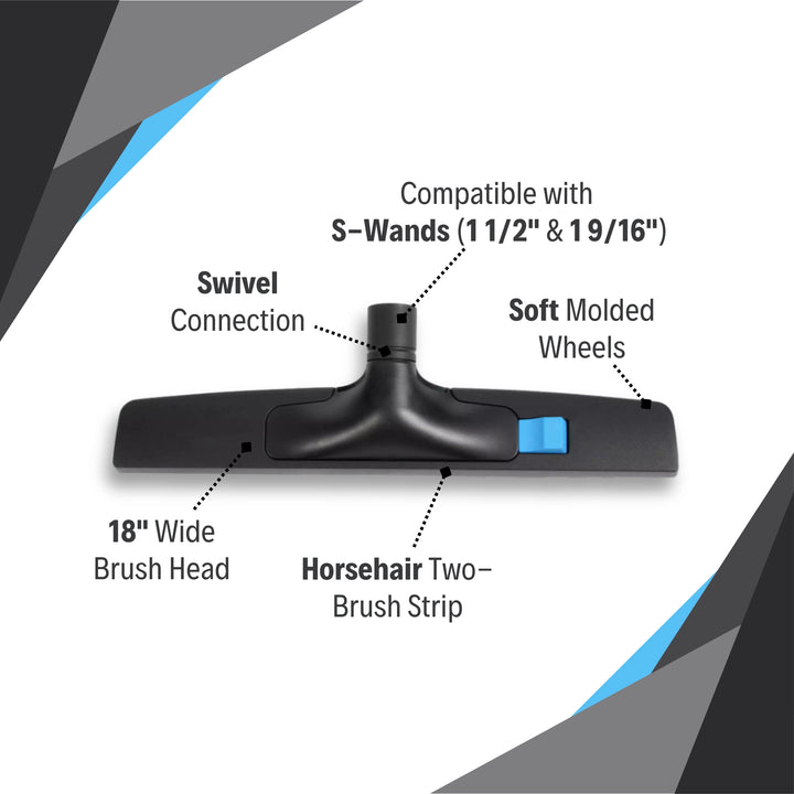 Features of CenTec 18" floor brush including natural fill bristles, swivel neck, and soft wheels
