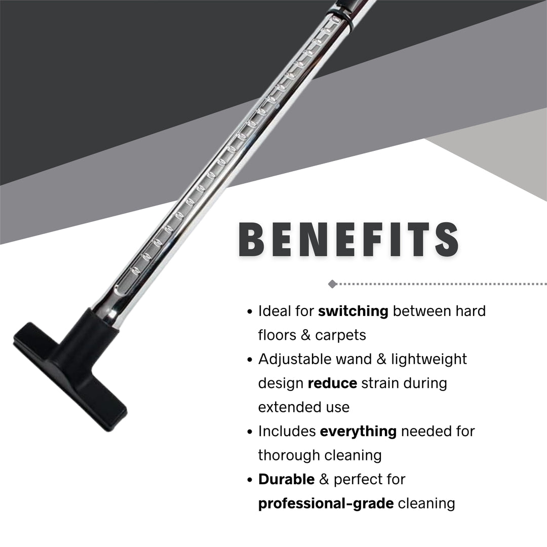 Benefits of CenTec combo nozzle tools displayed with vacuum in use on various surfaces

