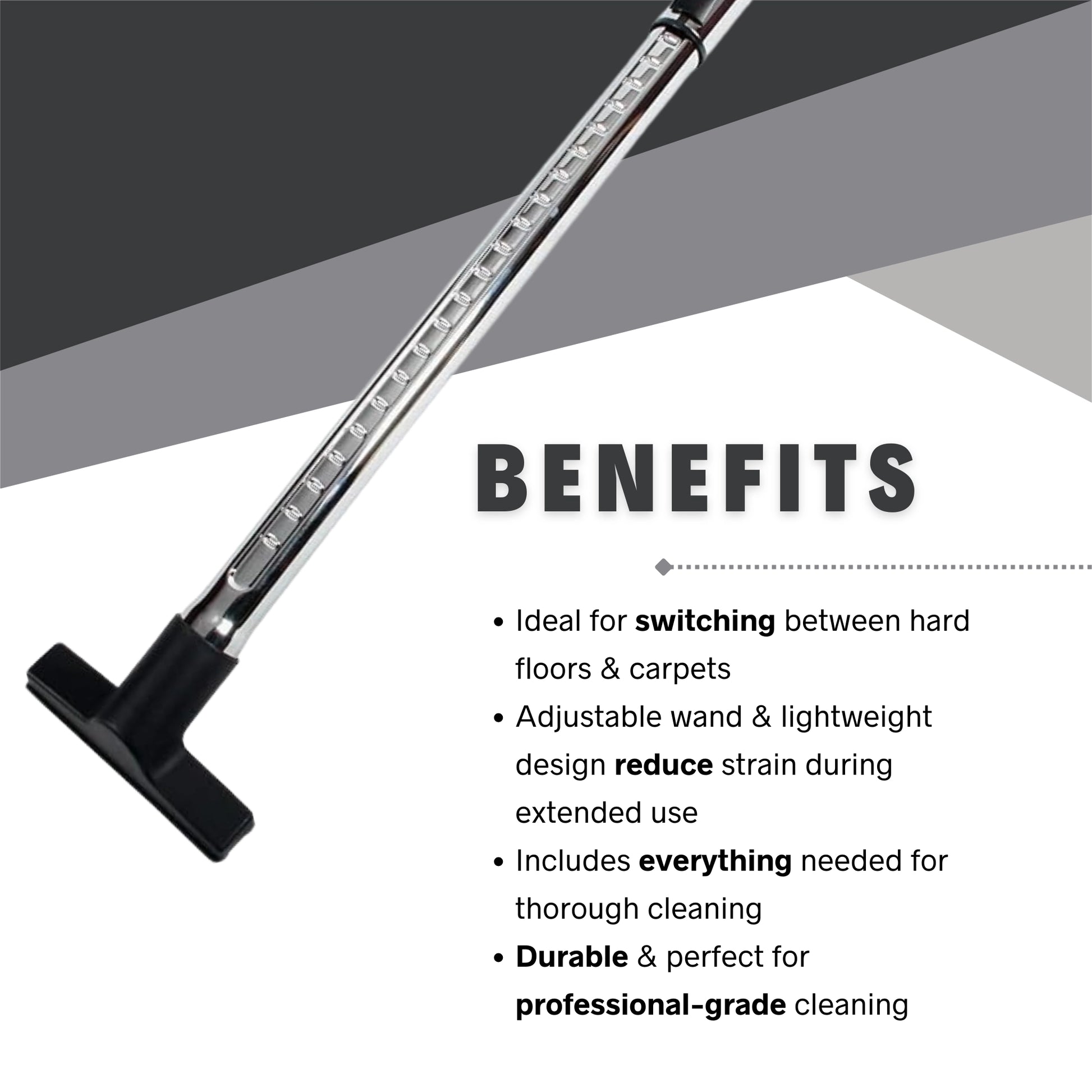 Benefits of CenTec combo nozzle tools displayed with vacuum in use on various surfaces
