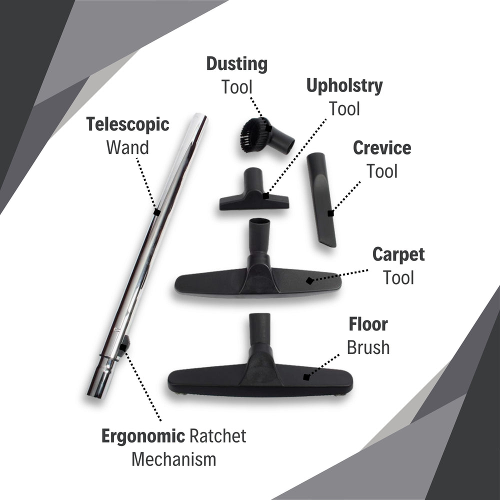 Full CenTec combo kit with all attachments including wand, floor brush, carpet tool, crevice tool, dusting tool, and upholstery tool
