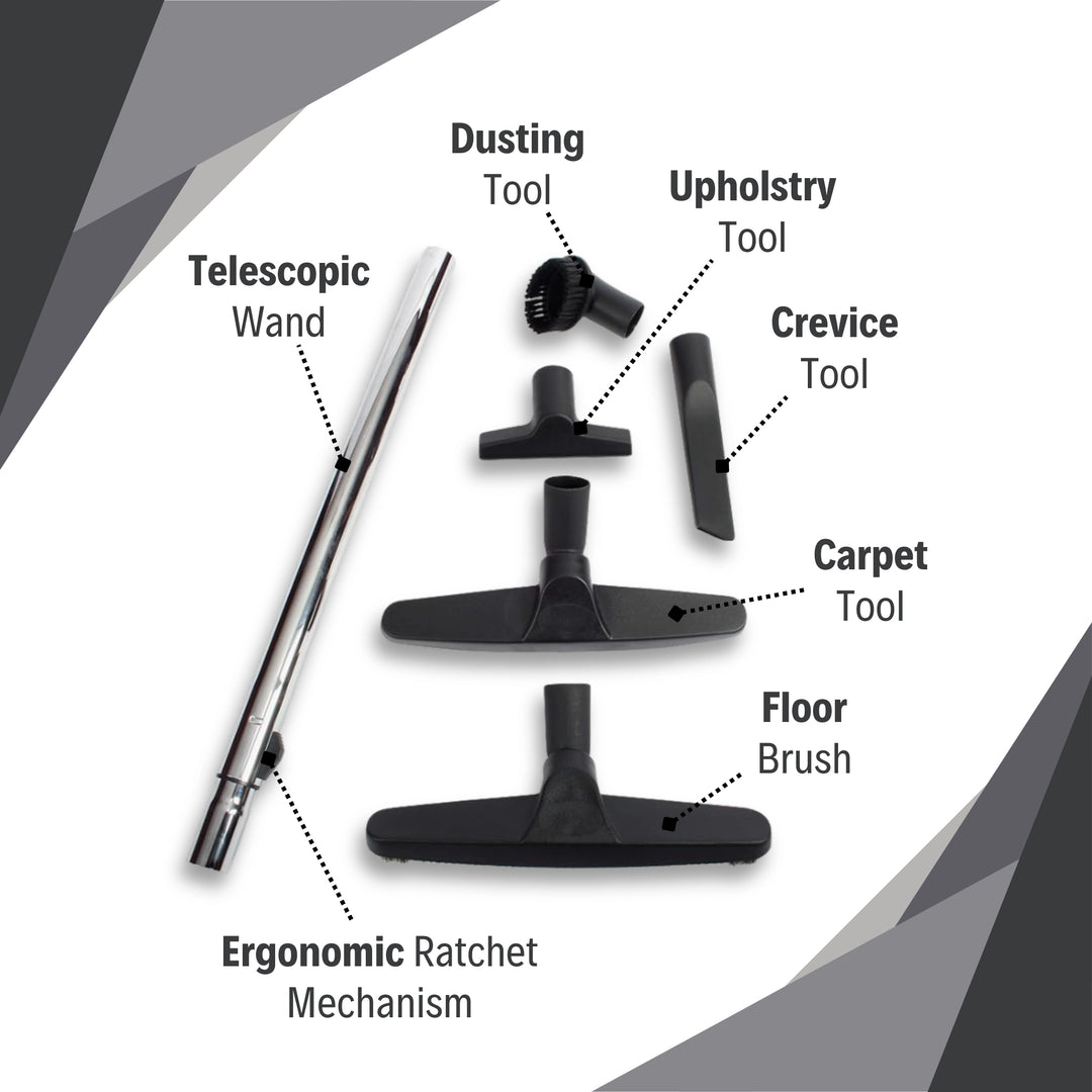 Full CenTec combo kit with all attachments including wand, floor brush, carpet tool, crevice tool, dusting tool, and upholstery tool

