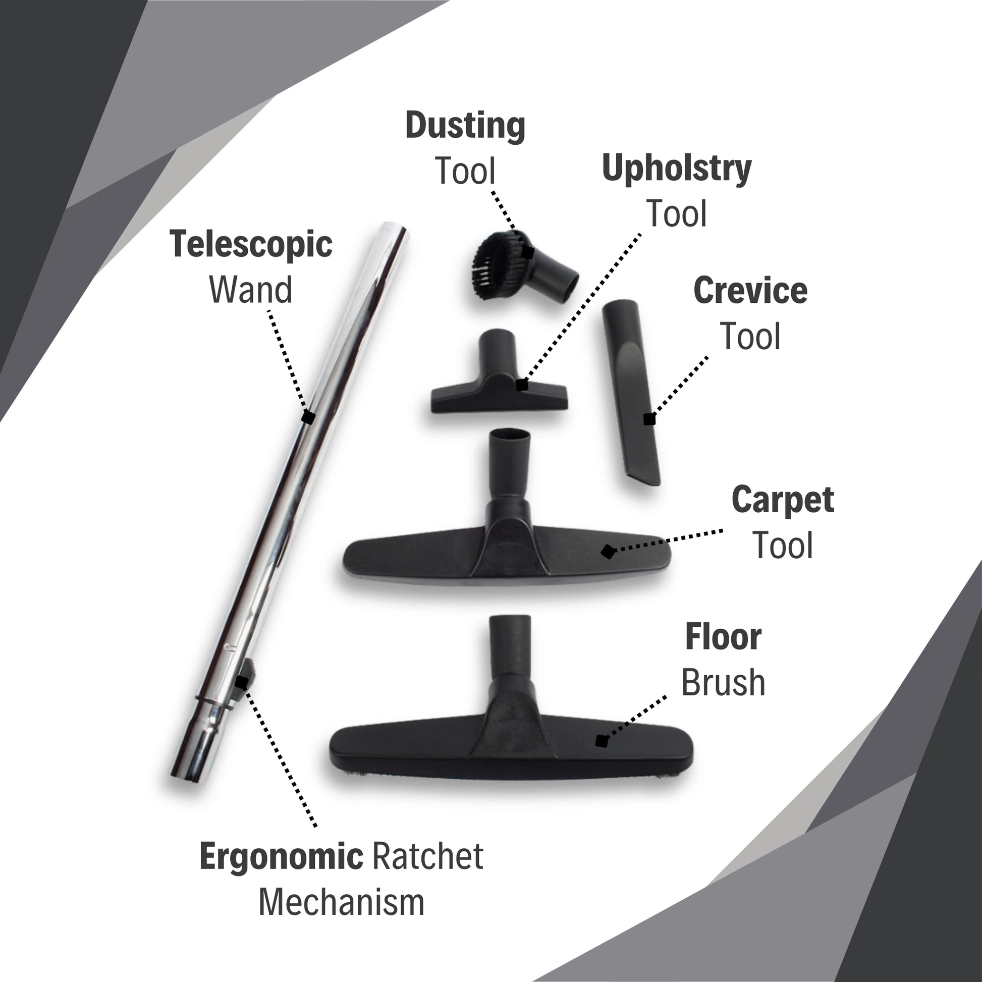 Full CenTec combo kit with all attachments including wand, floor brush, carpet tool, crevice tool, dusting tool, and upholstery tool
