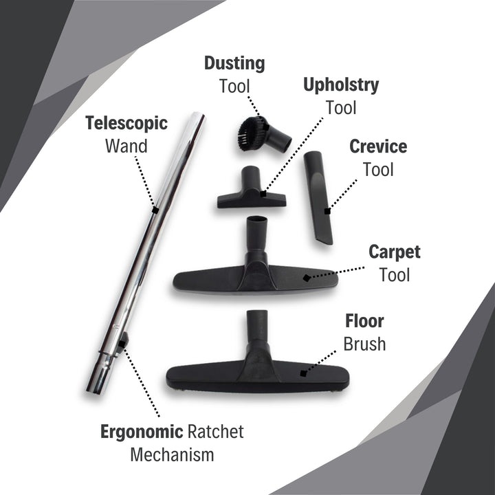 Full CenTec combo kit with all attachments including wand, floor brush, carpet tool, crevice tool, dusting tool, and upholstery tool
