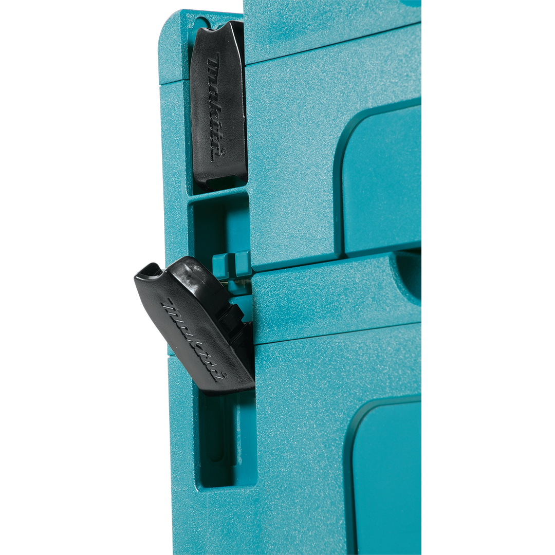 close up of latch clip on makita interlocking case securing the lid
