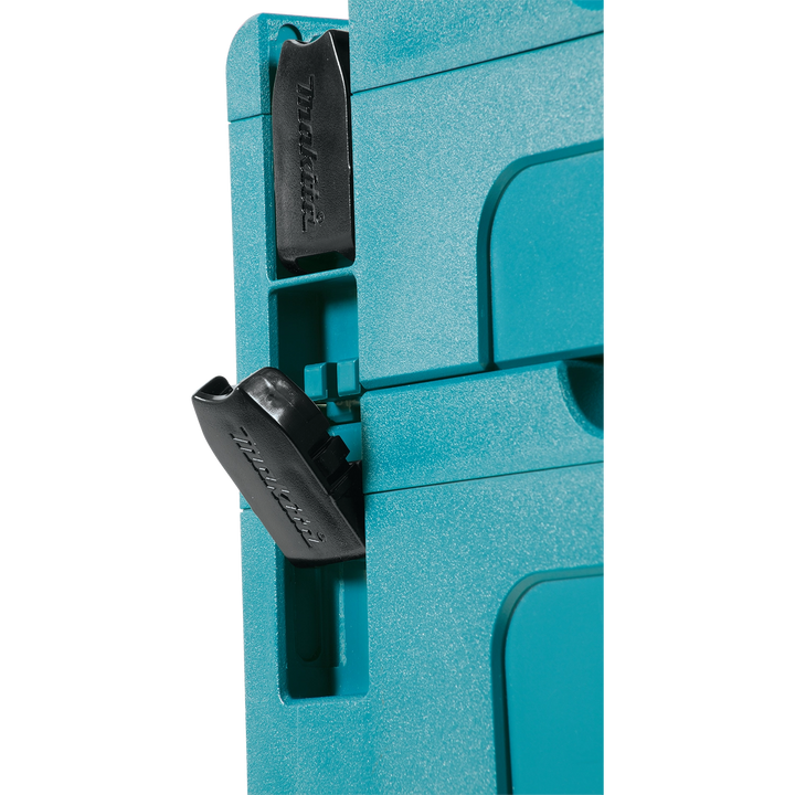 close up of latch clip on makita interlocking case securing the lid
