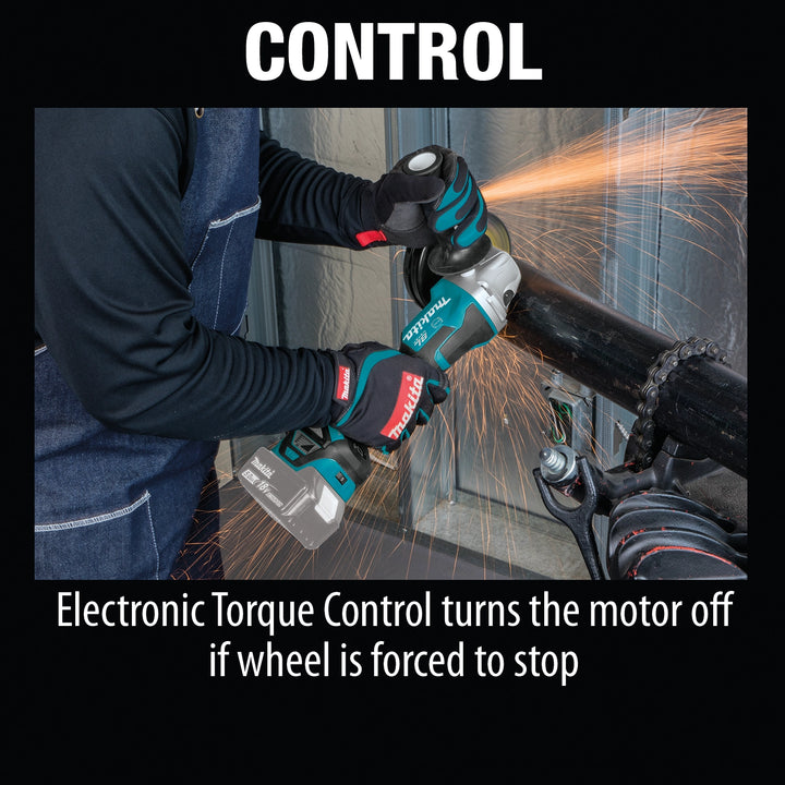 makita 5 inch grinder control features include variable speed and electric brake
