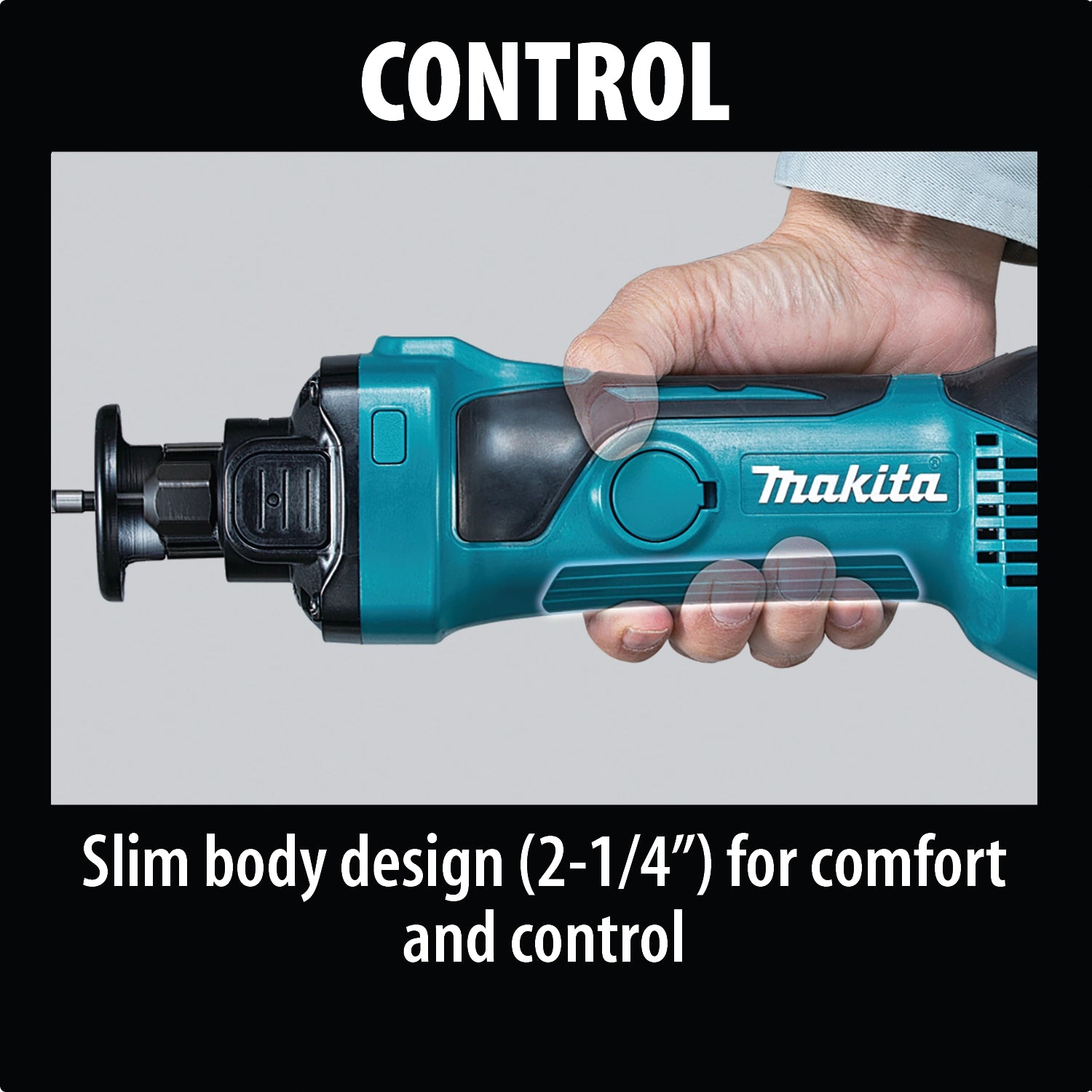 controls and dust-sealed switch on makita cut-out tool for user-friendly operation
