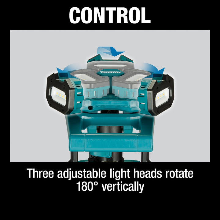 control interface on makita tower work light showing power button and brightness selector
