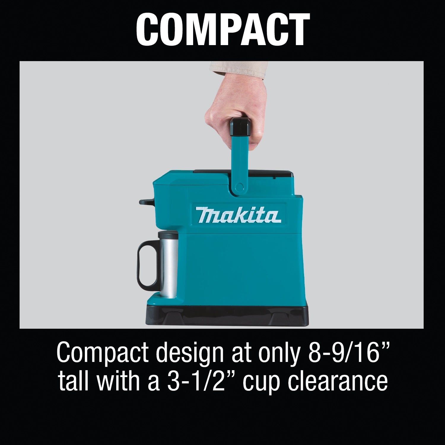 makita coffee maker highlighting portable convenience and no outlet needed
