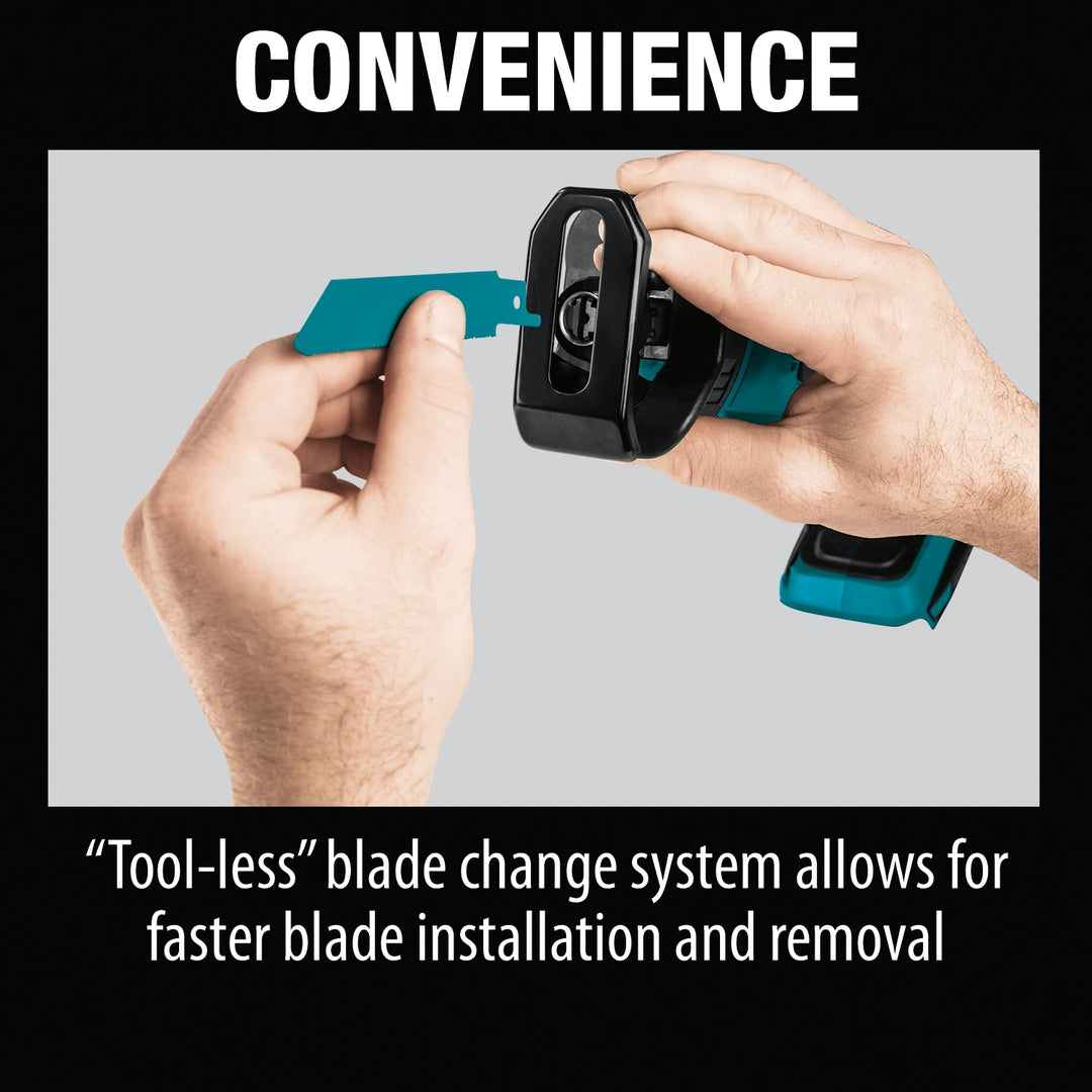convenient design features of makita compact recipro saw including led light and tool-free adjustment
