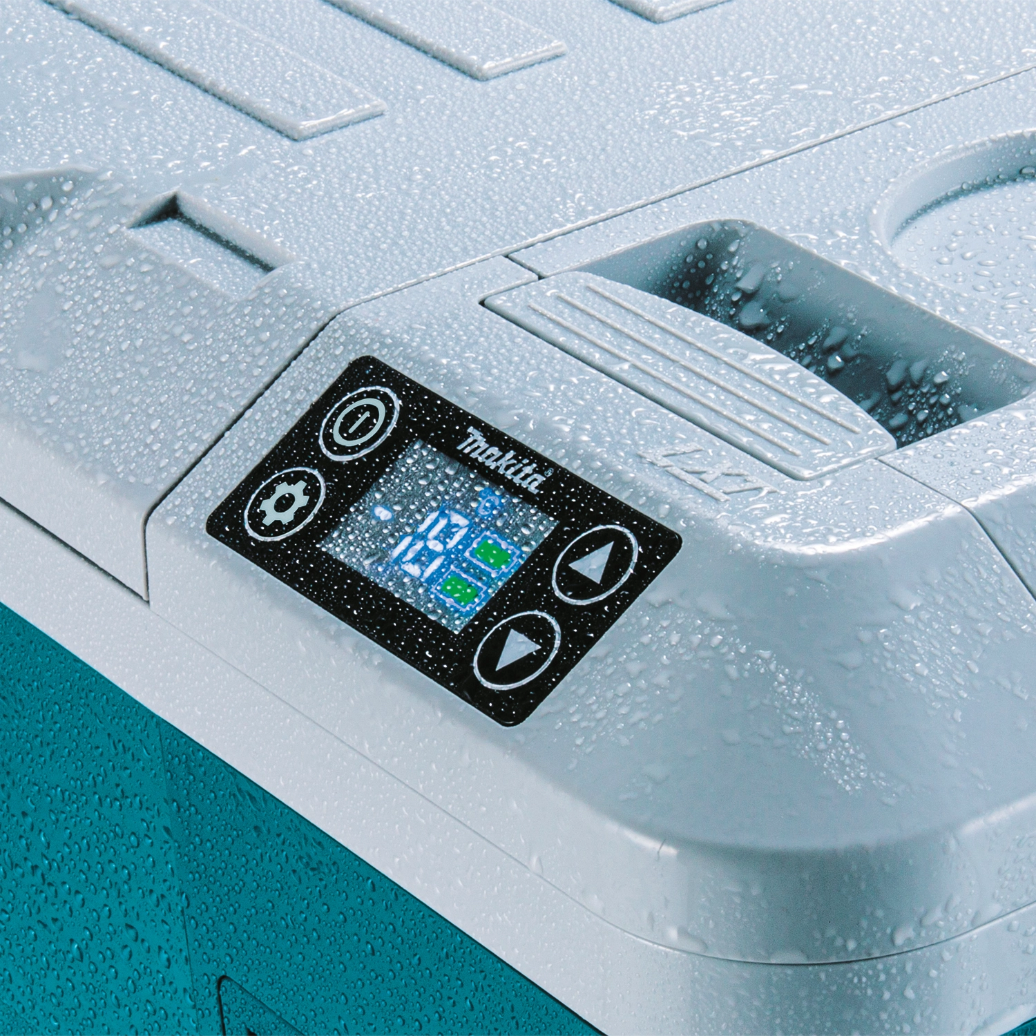 close-up of corner-mounted controls and display screen on makita cooler warmer box
