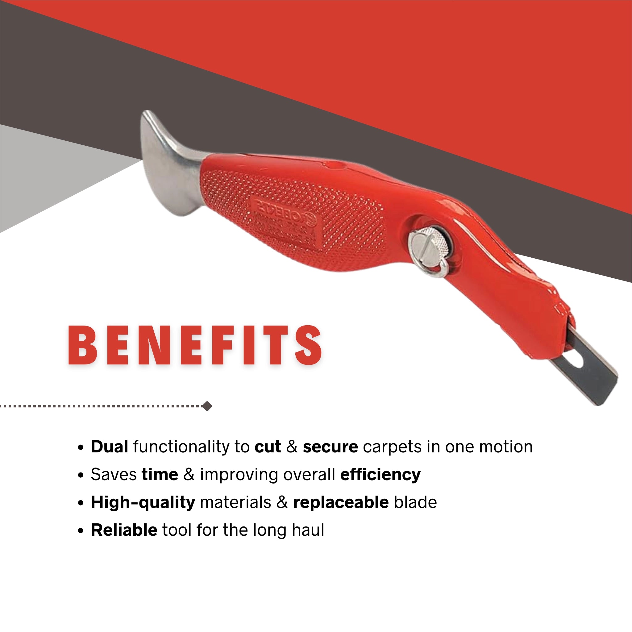Cut & Jam carpet knife benefits including fast cutting, carpet edge jamming, and tool efficiency
