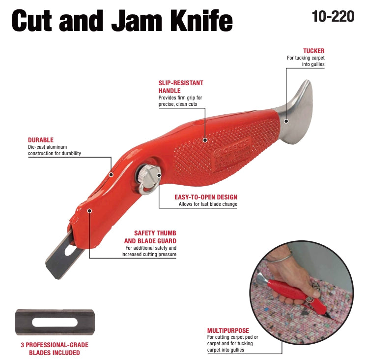 Cut & Jam carpet knife features including dual-purpose blade and ergonomic handle
