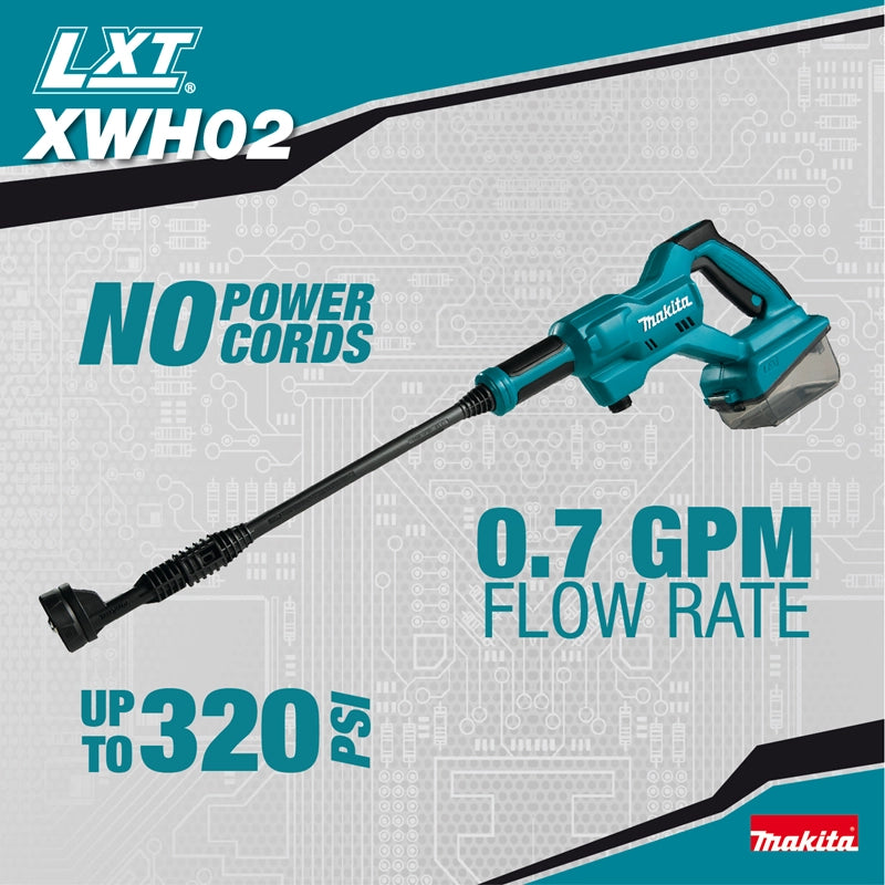 Makita power washer with specifications on a gray background
