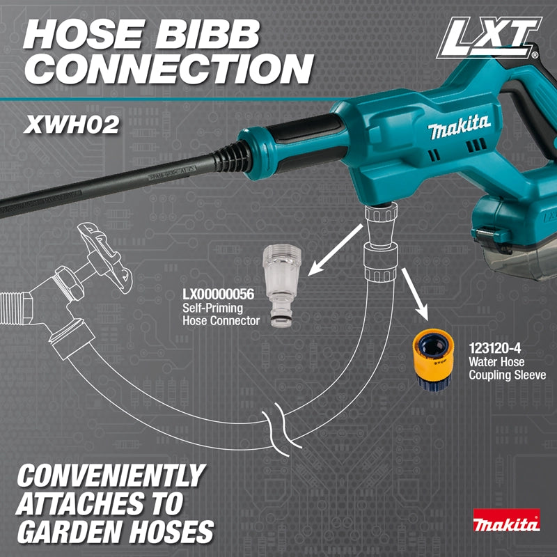 Makita power washer with hose bibb connection components on a gray background