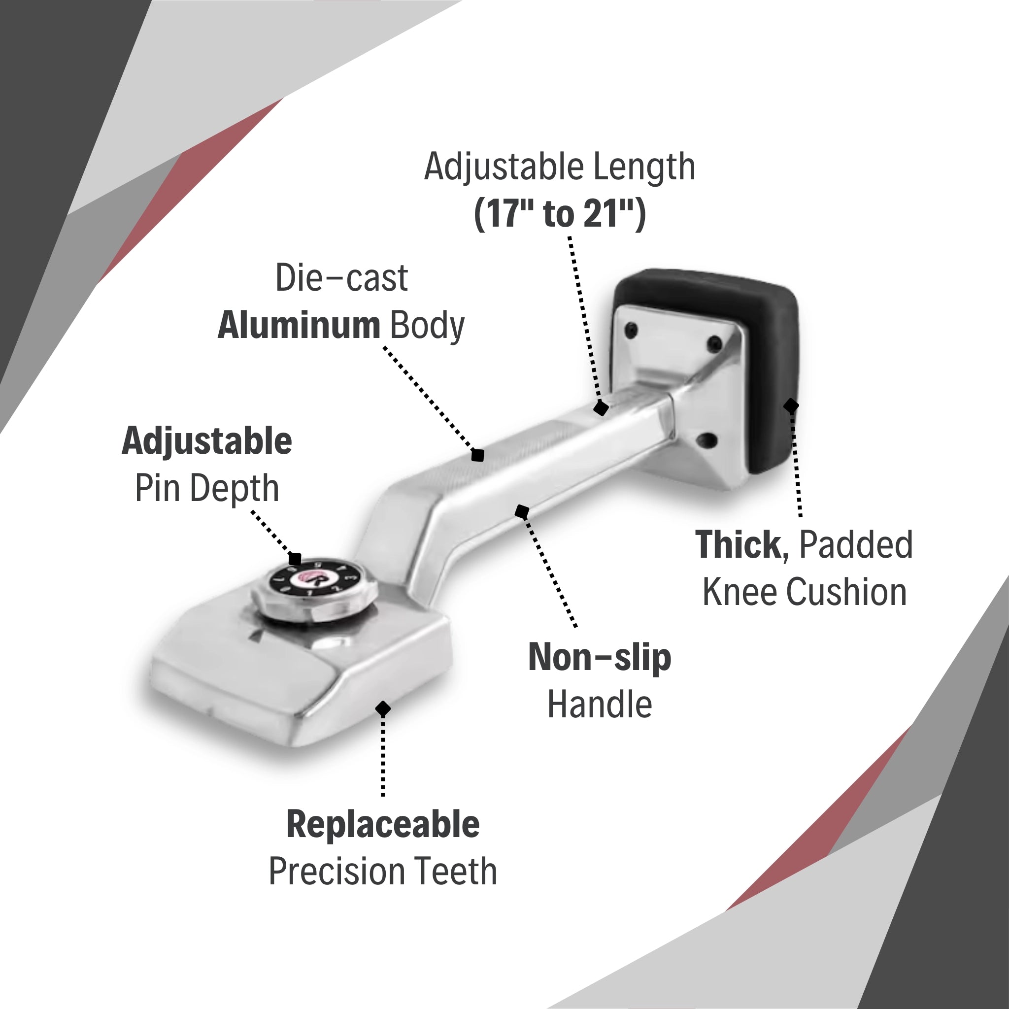 Highlighted features of the Deluxe Knee Kicker including adjustable length, padded cushion, and die-cast body
