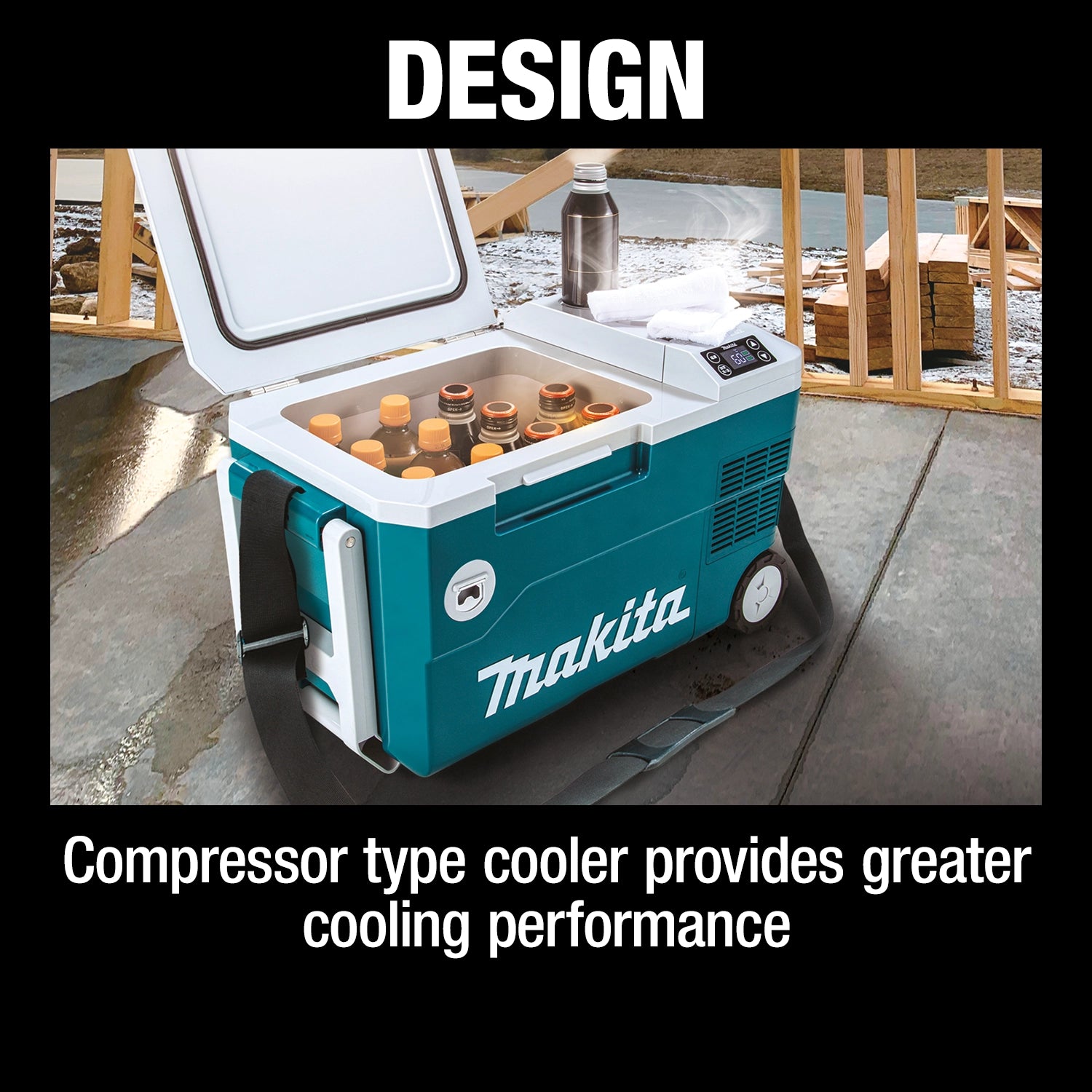 compact and rugged design of makita cooler warmer box for outdoor and job site use
