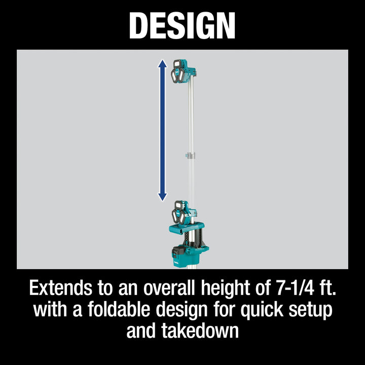 innovative design of makita 18v lxt tower work light with extendable legs and rotating heads
