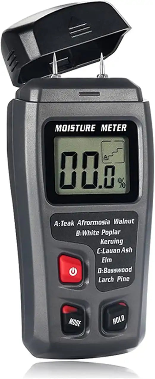 Digital moisture meter with dual pins and LCD screen for wood and surface moisture detection

