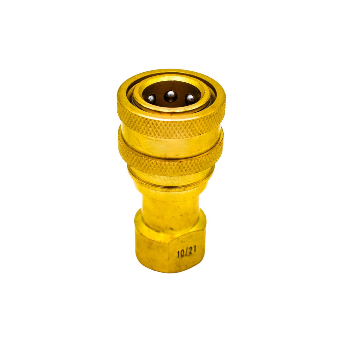 Bottom angle of DQ2001 brass connector showing smooth brass finish and structure
