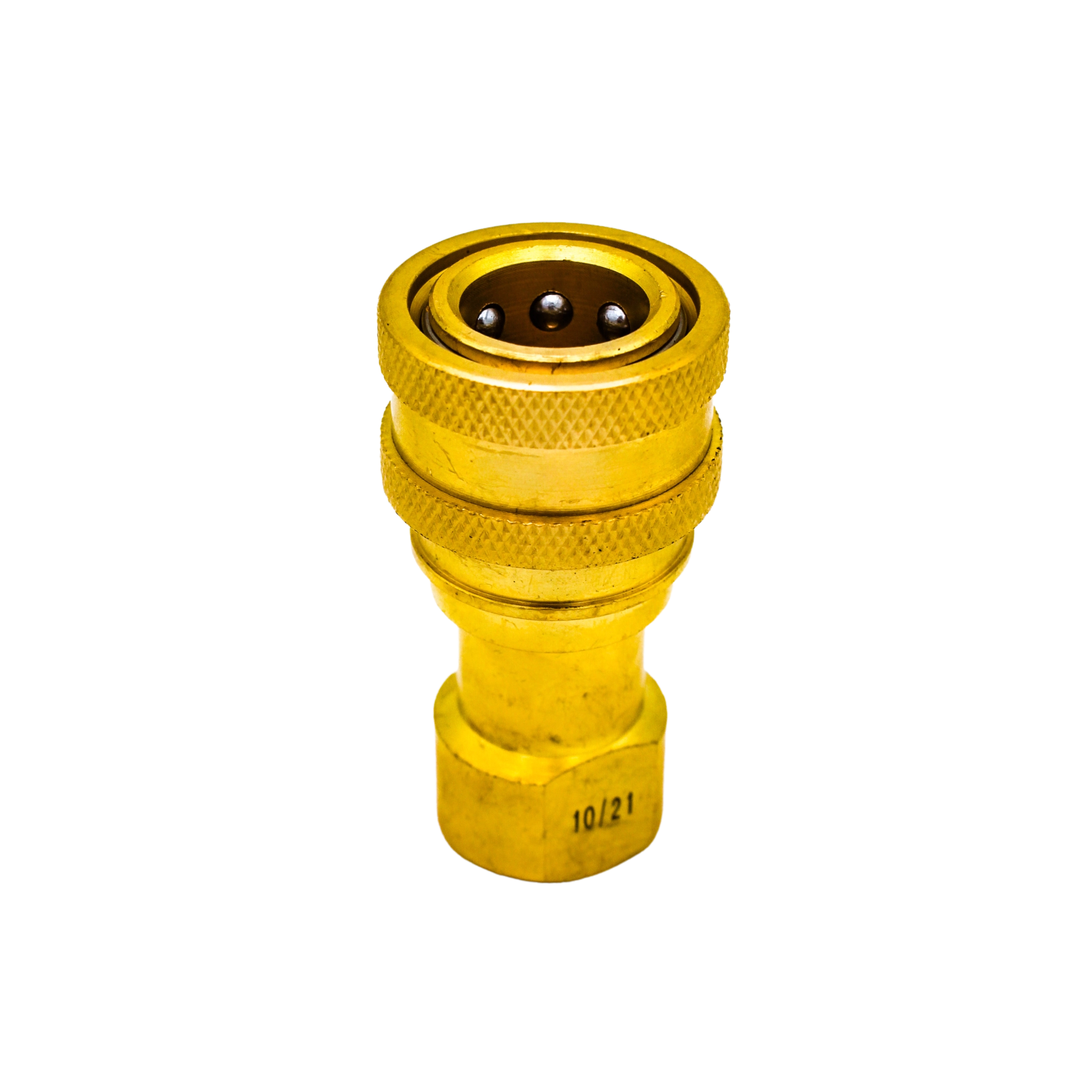 Bottom angle of DQ2001 brass connector showing smooth brass finish and structure

