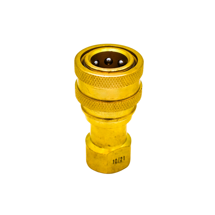 Bottom angle of DQ2001 brass connector showing smooth brass finish and structure
