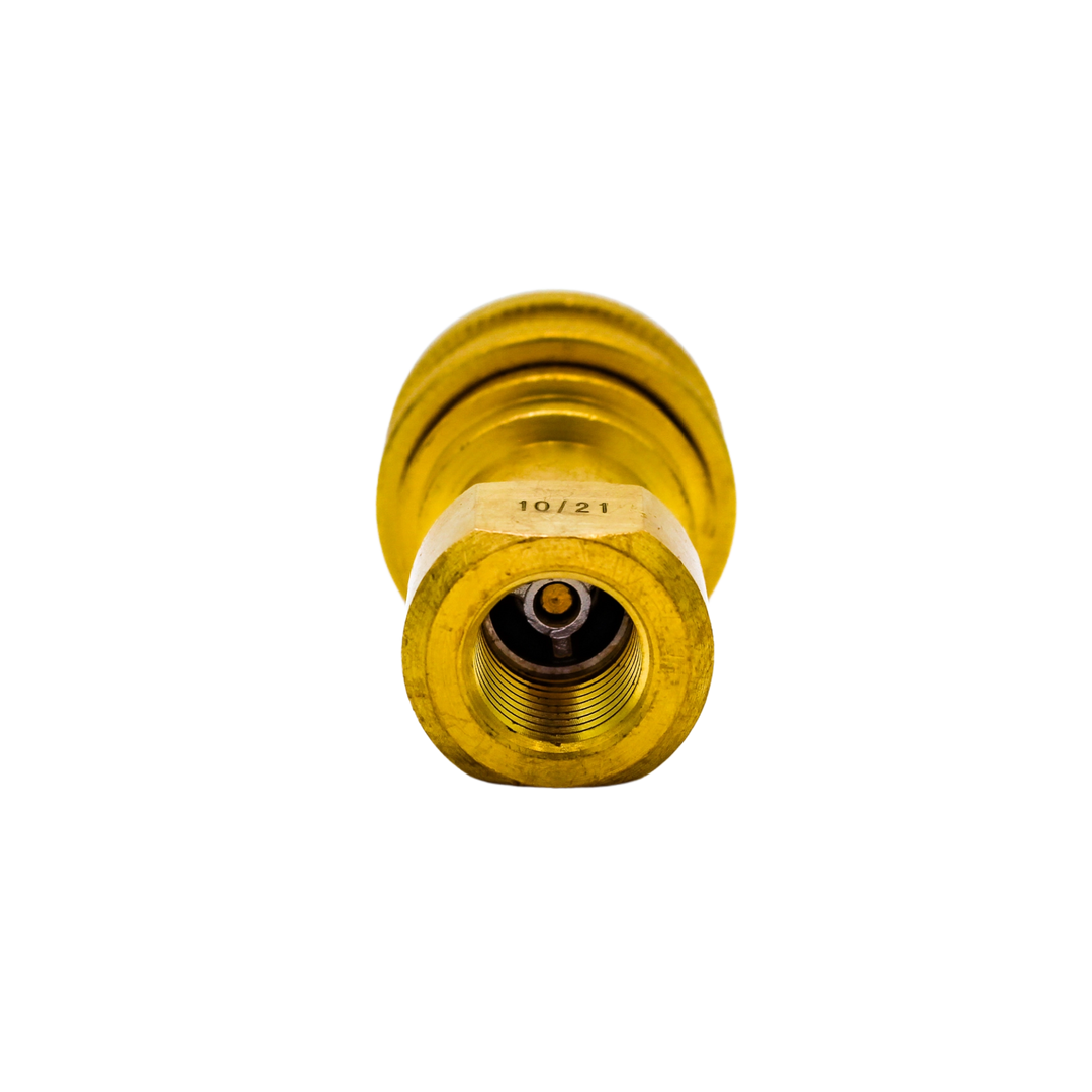 Front view of DQ2001 brass female quick connect showing open end and stainless ball bearings
