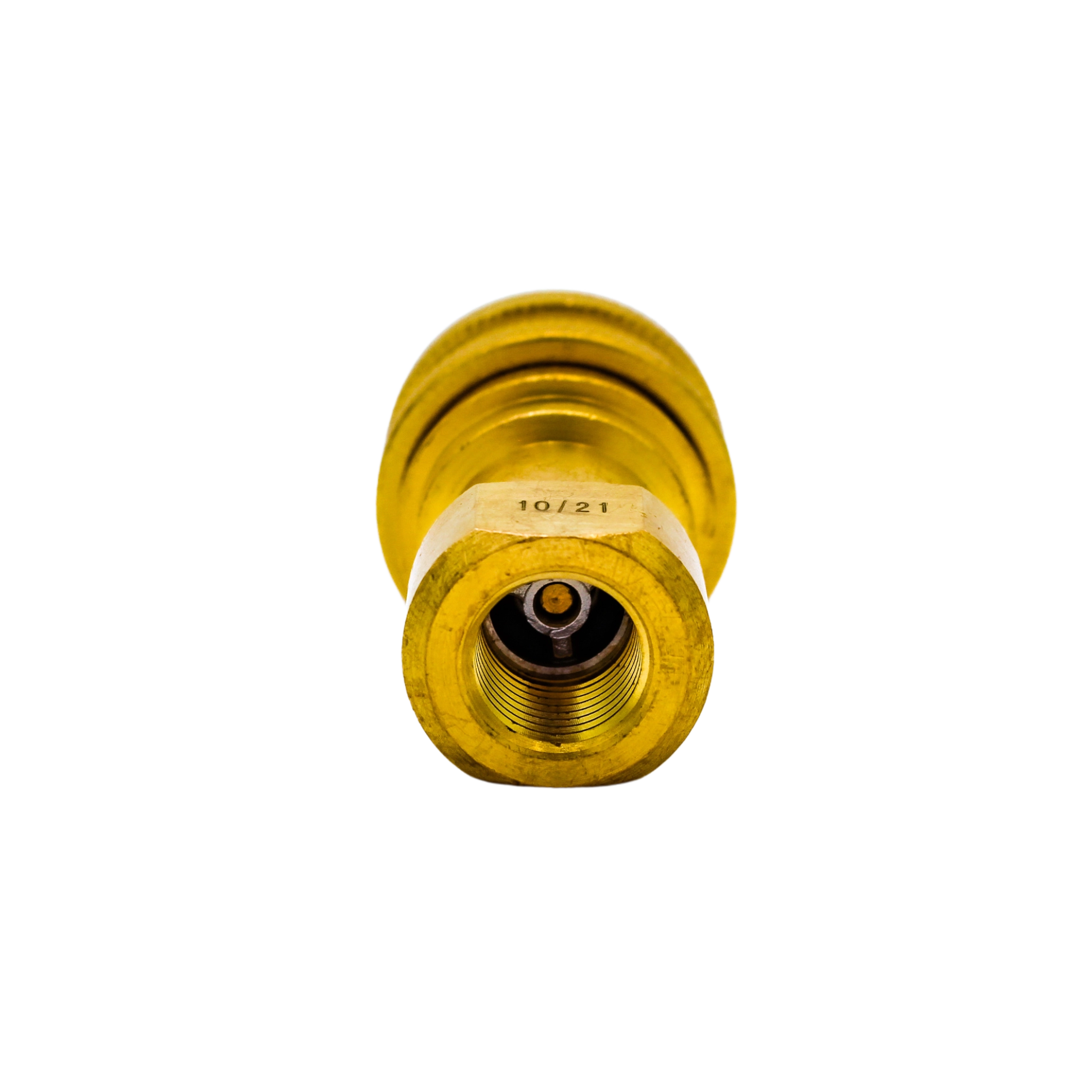Front view of DQ2001 brass female quick connect showing open end and stainless ball bearings
