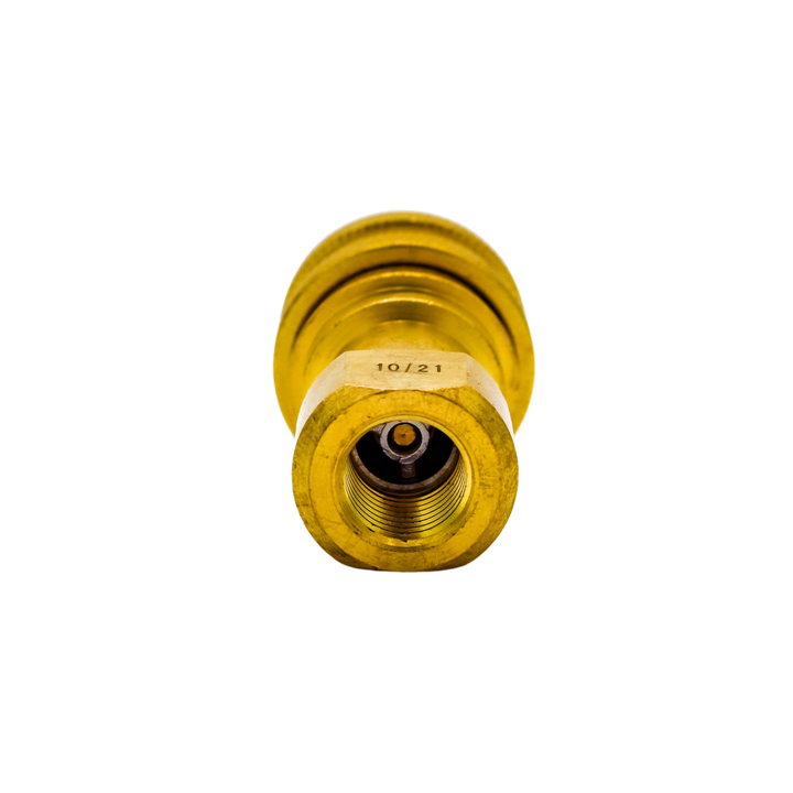 Front view of DQ2001 brass female quick connect showing open end and stainless ball bearings
