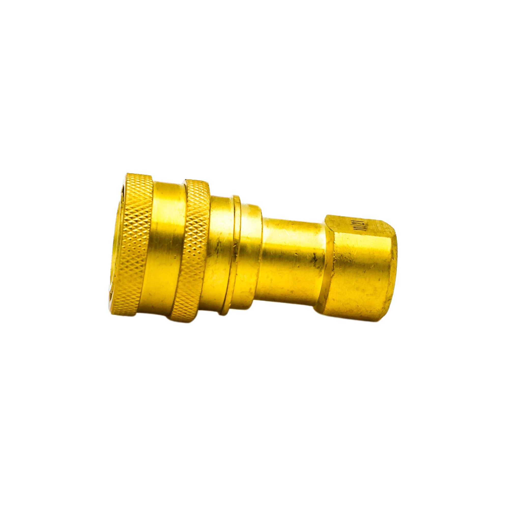 Left side view of DQ2001 1/4" brass quick connect showing polished brass body
