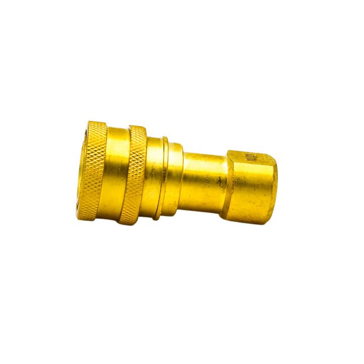 Left side view of DQ2001 1/4" brass quick connect showing polished brass body
