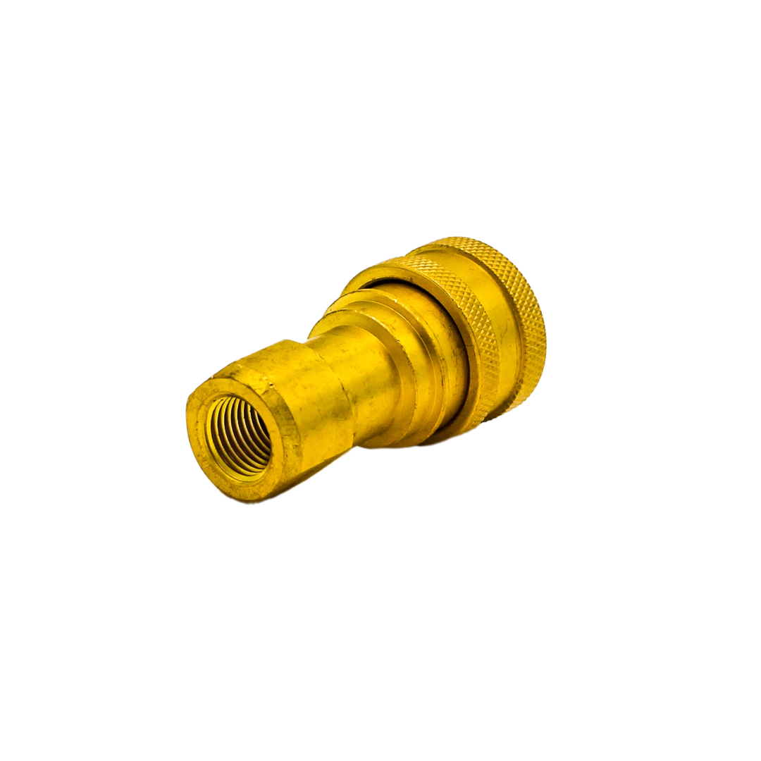 Right angle view of DQ2001 brass female quick connect showing body profile and inlet
