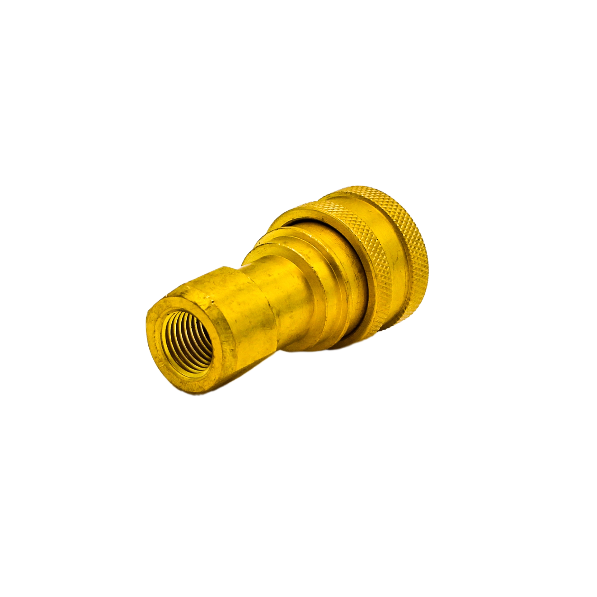 Right angle view of DQ2001 brass female quick connect showing body profile and inlet
