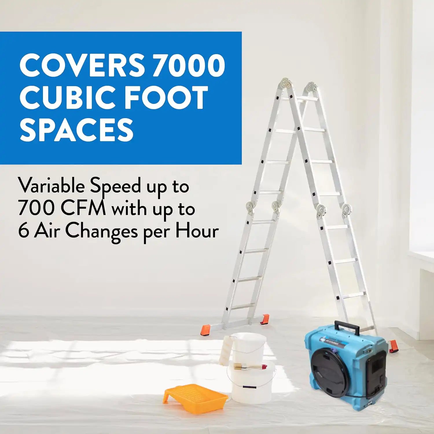 Dri-Eaz HEPA 700 air scrubber shown in a room setup with ladder and painting tools, highlighting 700 CFM airflow and 7000 cubic foot coverage

