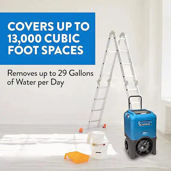 Dri-Eaz LGR 7000 XLi Dehumidifier displayed with ladder and tools showing coverage up to 13,000 cubic feet and 29 gallons per day

