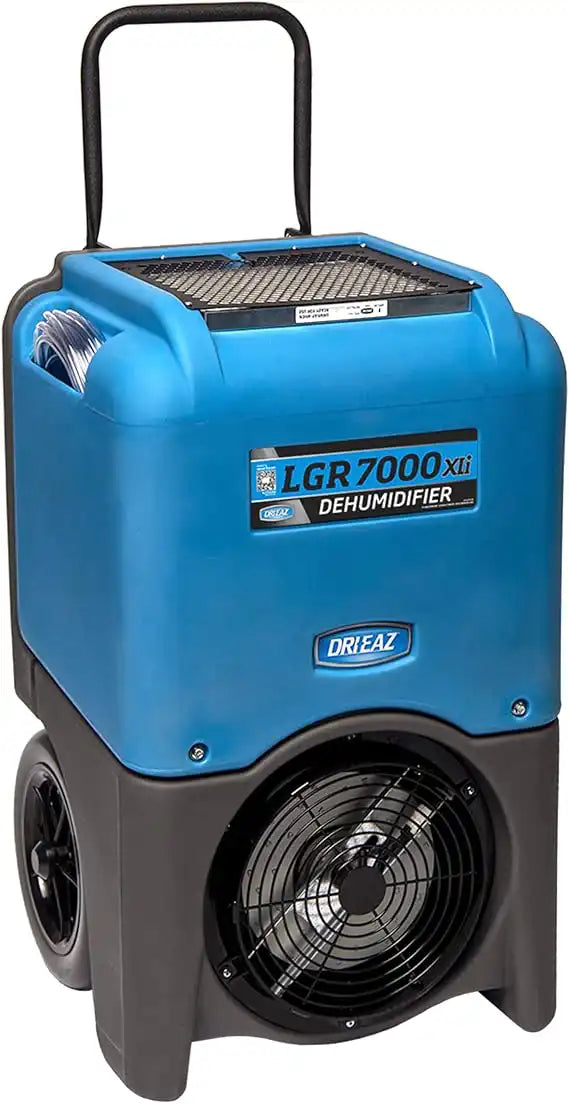 Front view of Dri-Eaz LGR 7000 XLi Dehumidifier with large wheels, handle, and integrated hose storage

