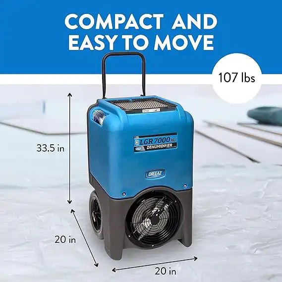 Dri-Eaz LGR 7000 XLi Dehumidifier with labeled dimensions and 107 lb weight for compact mobility and transport