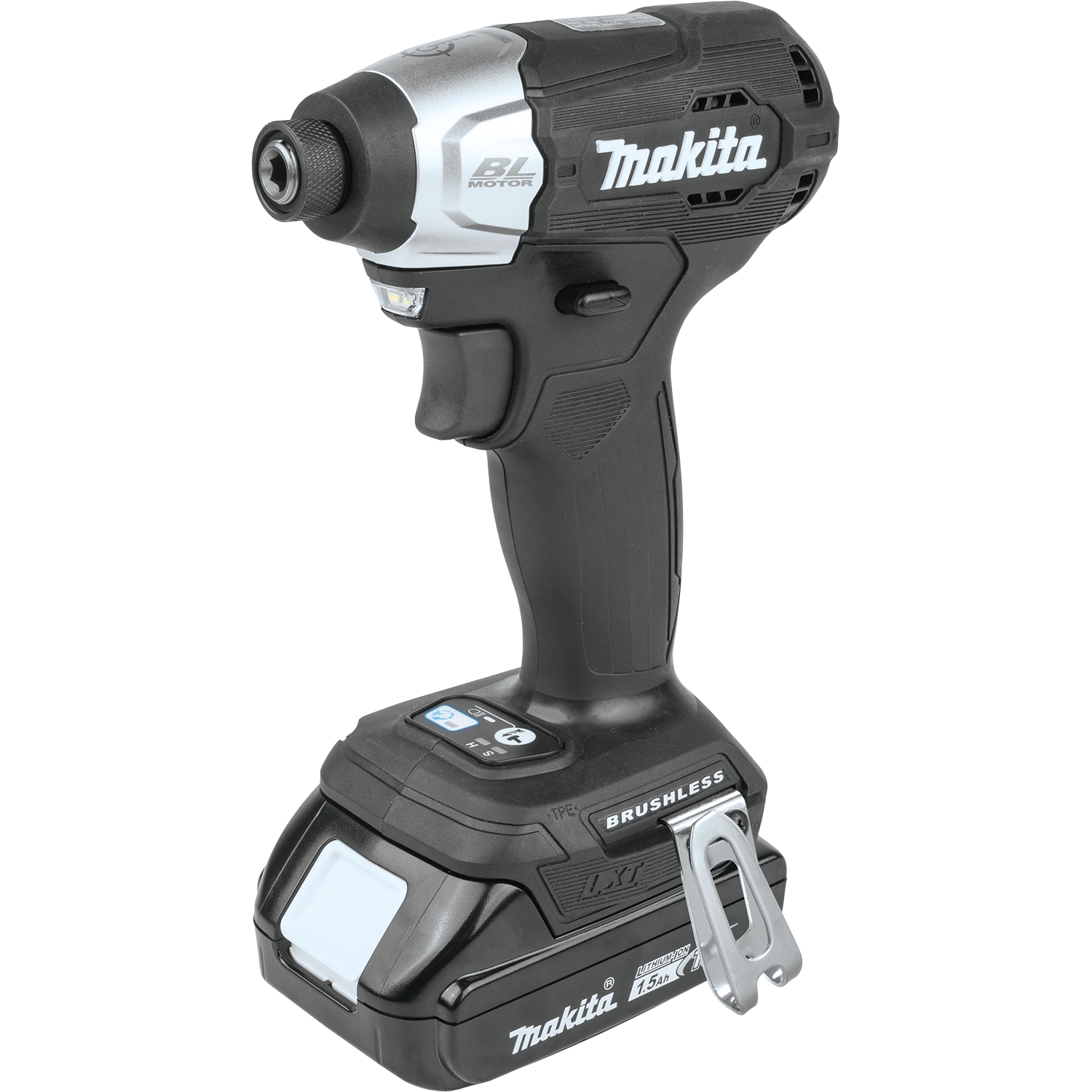 angled front view of makita 18v lxt sub-compact driver-drill highlighting chuck and grip
